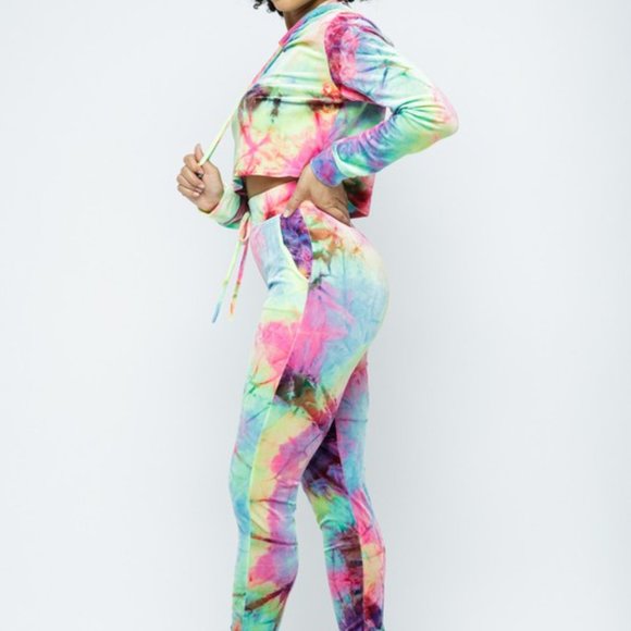 Women's Tie Dye Long Sleeve Crop Hoodie Elastic Waist Leggings -2 Piece Set - Picture 3 of 7